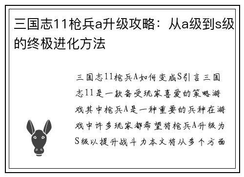 三国志11枪兵a升级攻略：从a级到s级的终极进化方法